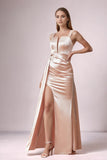 Blush Satin Sheath Long Wedding Guest Dress with Slit