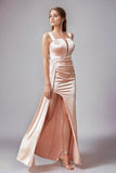 Blush Satin Sheath Long Wedding Guest Dress with Slit