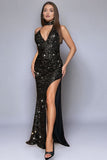 Sparkly Black Sequined Halter Sheath Prom Dress with Slit