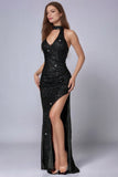 Sparkly Black Sequined Halter Sheath Prom Dress with Slit