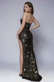Sparkly Black Sequined Halter Sheath Prom Dress with Slit