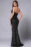 Sparkly Black Sequined Halter Sheath Prom Dress with Slit