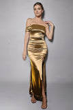 Metallic Golden One Shoulder Sheath Long Formal Dress with Slit