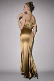 Metallic Golden One Shoulder Sheath Long Formal Dress with Slit