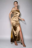 Metallic Golden One Shoulder Sheath Long Formal Dress with Slit