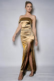 Metallic Golden One Shoulder Sheath Long Formal Dress with Slit