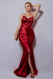 Burgundy Mermaid Spaghetti Straps Long Formal Dress with Slit