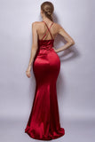 Burgundy Mermaid Spaghetti Straps Long Formal Dress with Slit
