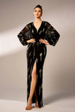 Sparkly Black Sheath V-Neck Long Sleeves Formal Dress with Sequins