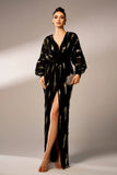 Sparkly Black Sheath V-Neck Long Sleeves Formal Dress with Sequins