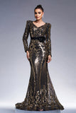 Sparkly Black Golden Long Sleeves Mermaid Printed Prom Dress with Sequins