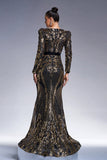 Sparkly Black Golden Long Sleeves Mermaid Printed Prom Dress with Sequins