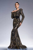 Sparkly Black Golden Long Sleeves Mermaid Printed Prom Dress with Sequins