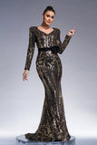 Sparkly Black Golden Long Sleeves Mermaid Printed Prom Dress with Sequins