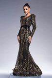 Sparkly Black Golden Long Sleeves Mermaid Printed Prom Dress with Sequins