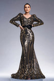 Sparkly Black Golden Long Sleeves Mermaid Printed Prom Dress with Sequins