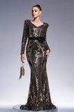 Sparkly Black Golden Long Sleeves Mermaid Printed Prom Dress with Sequins