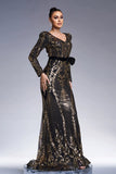 Sparkly Black Golden Long Sleeves Mermaid Printed Prom Dress with Sequins