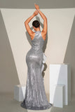 Sparkly Silver Mermaid High Neck Sequins Flower Maxi Formal Dress with Slit