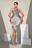 Sparkly Silver Mermaid High Neck Sequins Flower Maxi Formal Dress with Slit
