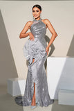 Sparkly Silver Mermaid High Neck Sequins Flower Maxi Formal Dress with Slit