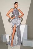 Sparkly Silver Mermaid High Neck Sequins Flower Maxi Formal Dress with Slit