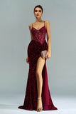 Sparkly Burgundy Mermaid Corset Sequined Formal Dress with Slit