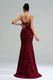 Sparkly Burgundy Mermaid Corset Sequined Formal Dress with Slit