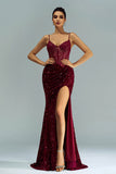 Sparkly Burgundy Mermaid Corset Sequined Formal Dress with Slit