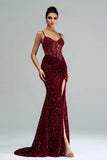 Sparkly Burgundy Mermaid Corset Sequined Formal Dress with Slit