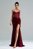 Sparkly Burgundy Mermaid Corset Sequined Formal Dress with Slit