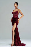 Sparkly Burgundy Mermaid Corset Sequined Formal Dress with Slit