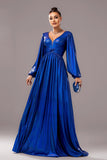 Royal Blue Metallic A-Line V Neck Long Sleeves Pleated Formal Dress