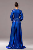 Royal Blue Metallic A-Line V Neck Long Sleeves Pleated Formal Dress