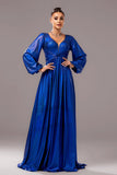 Royal Blue Metallic A-Line V Neck Long Sleeves Pleated Formal Dress