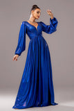 Royal Blue Metallic A-Line V Neck Long Sleeves Pleated Formal Dress