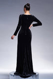 Black Mermaid V Neck Long Sleeves Velvet Maxi Formal Dress with High Slit