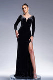 Black Mermaid V Neck Long Sleeves Velvet Maxi Formal Dress with High Slit