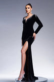 Black Mermaid V Neck Long Sleeves Velvet Maxi Formal Dress with High Slit