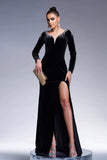 Black Mermaid V Neck Long Sleeves Velvet Maxi Formal Dress with High Slit