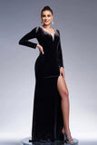 Black Mermaid V Neck Long Sleeves Velvet Maxi Formal Dress with High Slit