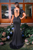 V Neck Short Sleeves Black Mermaid Formal Dress with Slit