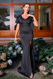 V Neck Short Sleeves Black Mermaid Formal Dress with Slit