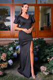V Neck Short Sleeves Black Mermaid Formal Dress with Slit