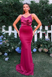 Burgundy Mermaid V Neck Ruched Maxi Formal Dress