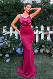 Burgundy Mermaid V Neck Ruched Maxi Formal Dress