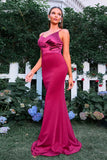 Burgundy Mermaid V Neck Ruched Maxi Formal Dress