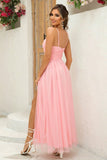 Blush Maxi A Line Pleated Bridesmaid Dress with Slit