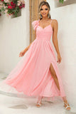 Blush Maxi A Line Pleated Bridesmaid Dress with Slit