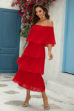 Red Off The Shoulder Tiered Flowy A Line Bridesmaid Dress
